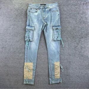 Serenede Jeans Mens 29x33 Cyber Cloud Cargo Flap Snap Pockets Patchwork Slim Fit